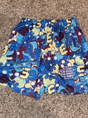 Eric Emanuel Multicolor Floral Graphic Athletic Shorts - Blue, Yellow, Burgundy